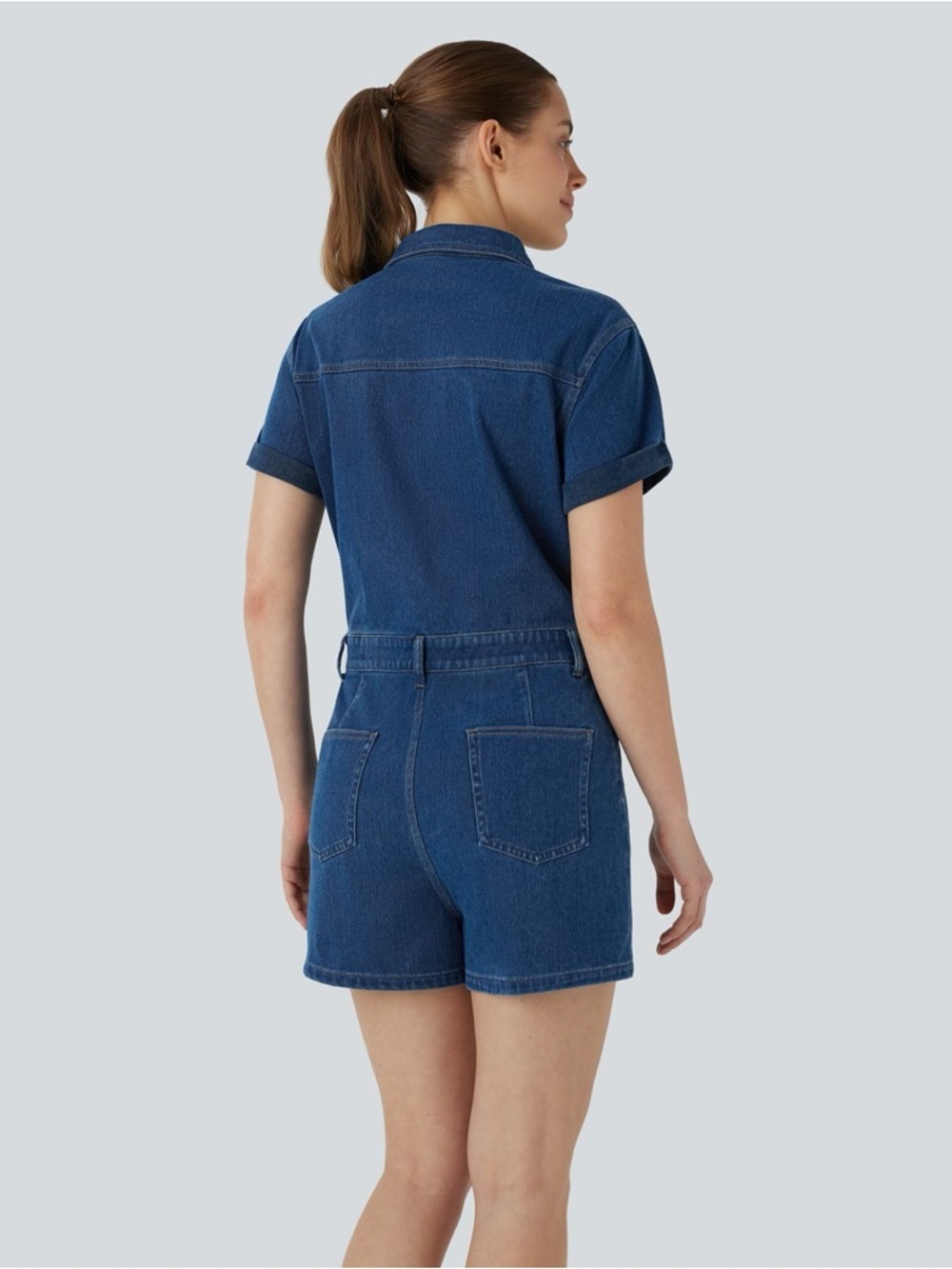 HalaraFlex Denim Romper XS Short Sleeve Utility Stretch Shorts Jumpsuit Pockets - Picture 2 of 3